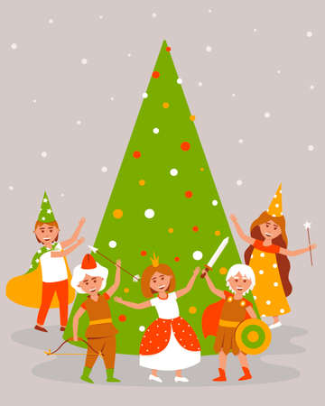 Children in carnival costumes dance around the Christmas tree. Christmas card with cheerful children. Princess, fairy, astrologer, archer, dance around the spruce. Flat vector illustration.のイラスト素材