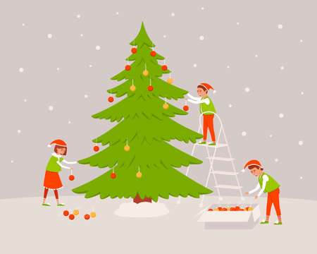 Elves decorate the tree. The boy uses the ladder to hang the toy from the branch. The elf is looking for balls in the box. The girl hangs the ball on a branch. Flat vector illustration.のイラスト素材