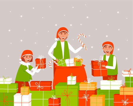 Elves, girls and boys, packing presents for Christmas. Christmas card with gifts and Santa's bag. Flat vector illustration.のイラスト素材