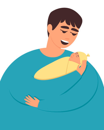 Dad lovingly looks at his newborn sleeping baby. Newborn in dad's arms. Sweet baby sleeps sweetly. Father's day card. Flat vector illustration.のイラスト素材