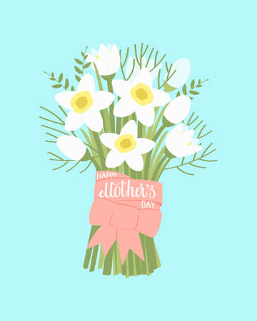 Bouquet of daffodils for mother's day. The bouquet is tied with a ribbon with the inscription Happy Mother's Day. White lettering on a pink ribbon. Flat vector illustration.のイラスト素材