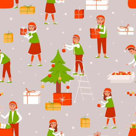 Seamless pattern of elves decorating the Christmas tree and preparing gifts for Christmas. Christmas...