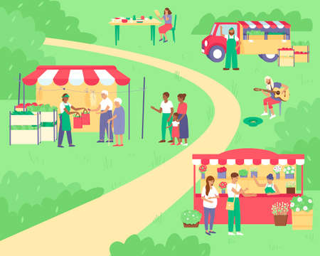 Spring summer sale at the fair. Tents with vegetables, flowers and utensils. Family fun, walking around the fair. The man plays the guitar and sings the song. Flat vector illustration.のイラスト素材