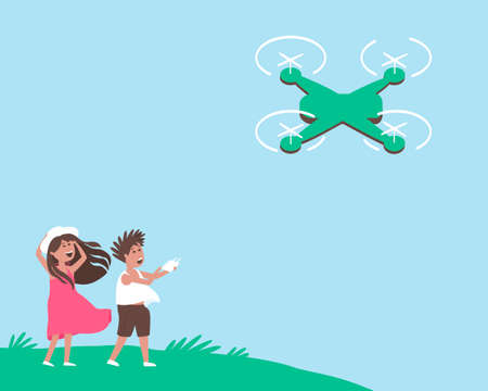 Children in the meadow launch a quadcopter. Summer outdoor entertainment. Summer holiday postcard design. Flat vector illustration.のイラスト素材