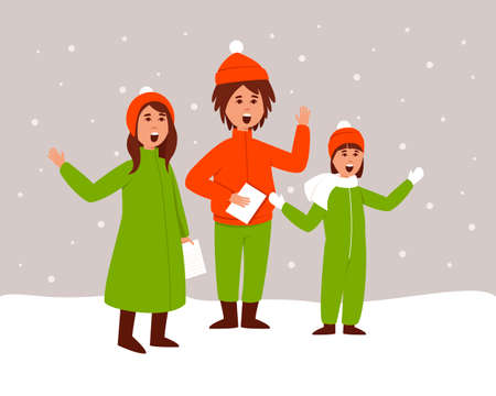 Children sing Christmas songs. Children in the winter season. Festive winter design. Flat vector illustration.のイラスト素材