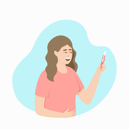Happy woman looking at positive pregnancy test result. Good news for a woman expecting a baby. Flat vector illustration.のイラスト素材