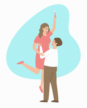 Happy couple rejoice at positive pregnancy test. The man with joy lifted the woman in his arms. Happy couple expecting a baby. Flat vector illustration.のイラスト素材