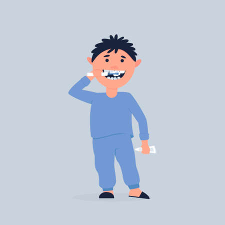The boy brushes his teeth with an electric brush. The bacteria on the teeth should be brushed twice a day, morning and evening, to prevent tooth decay. Flat vector illustration.のイラスト素材