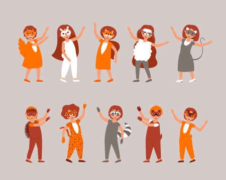 A set of children in carnival costumes and animal masks. To participate in the holiday, young men and women dressed up in animal costumes. Carnival, birthday, Christmas. Flat vector illustration.のイラスト素材