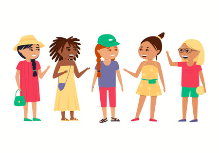 Girls of different ethnic groups on a white background. African Americans, Asians and Europeans at the summer camp. Girlfriends spend their summer holidays together. Flat vector illustration.のイラスト素材