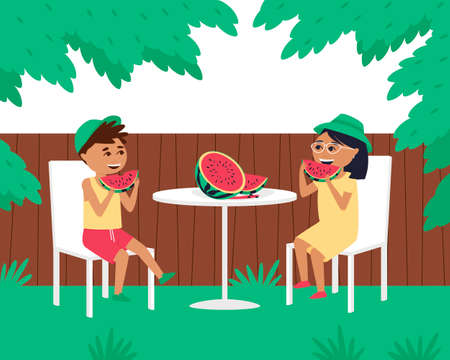 Children eat watermelon at a table in the yard. In the summer, children wear caps outside. Happy boy and girl eating watermelon. Flat vector illustration.のイラスト素材