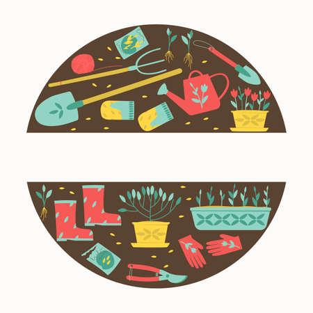 Garden supplies for planting plants round composition. Garden tools, shovels, gloves, watering can, plants, seeds, pots, secateurs, pitchforks. Place for your text. Flat vector illustration.のイラスト素材