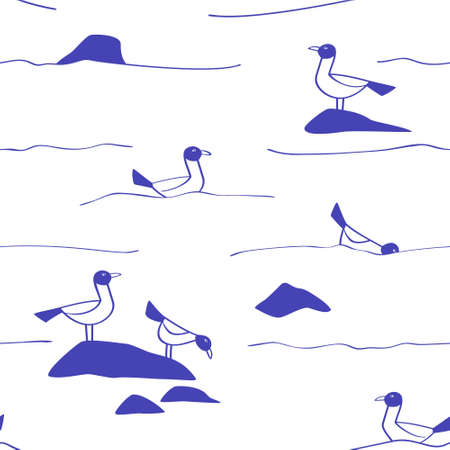 Seamless pattern of seagulls on the waves in the style of line art. Print for clothing with a marine theme. Flat vector illustration.のイラスト素材