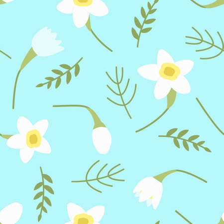 Seamless pattern with daffodils on a gentle blue background. Pattern with white daffodils for design of fabric of women's clothing. Spring print. Flat vector illustration.のイラスト素材