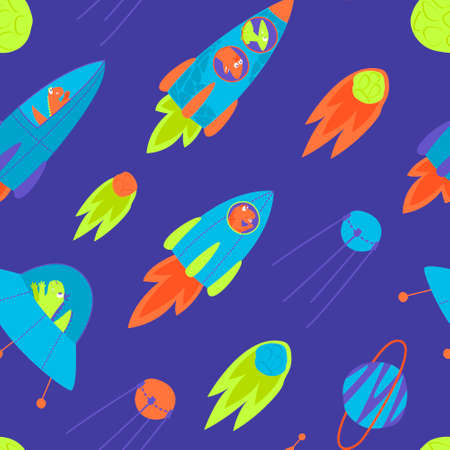 Seamless pattern of rockets with dinosaurs flying in one direction. Dino travels in a rocket through the galaxy. Children's packaging with a space dinosaur. Flat illustration images.のイラスト素材