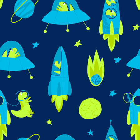 Children seamless pattern with space dinosaur. Neon bright dinosaurs traveling in space on a rocket. Dino travels in a rocket through the galaxy. Flat illustration images.のイラスト素材