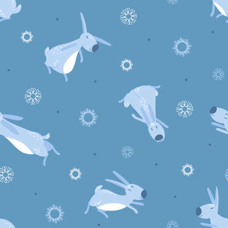 Seamless winter pattern with rabbits and snowflakes in blue color. Great for baby textiles, wallpapers. Flat vector illustration.のイラスト素材