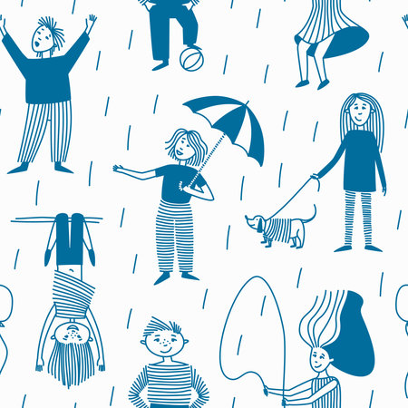 Seamless pattern of kids painted with spot and line doing different things. Design with children's...
