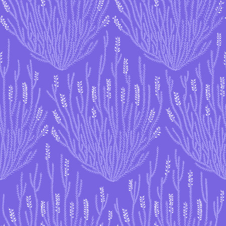 Linear seamless pattern with heather. Decorative print in purple hues. Romantic background for design of womens fabrics. Flat vector illustration.のイラスト素材