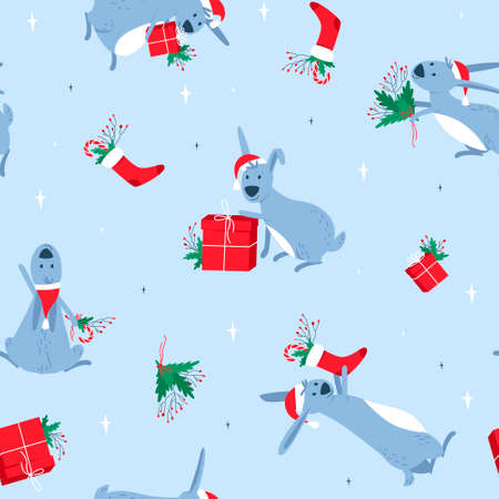 Seamless pattern of cute rabbits in Christmas hats with gifts. Fluffy hares with fir branches and gifts. Design for festive decoration of fabric and wallpaper. Flat vector illustration.のイラスト素材