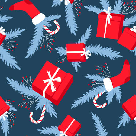 Seamless pattern with Christmas gifts lollipops and boots in blue spruce branches. Printing for festive packaging. Red boxes with gifts. Flat vector illustration.のイラスト素材
