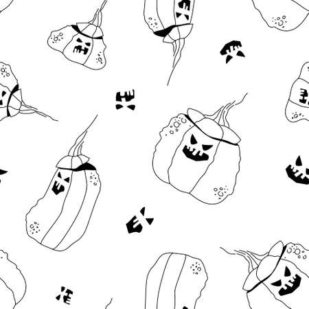 Seamless pattern with Jack Lanterns with pumpkin-cut muzzles. The main attribute of the holiday is Halloween. Festive line art illustration. Flat vector.のイラスト素材