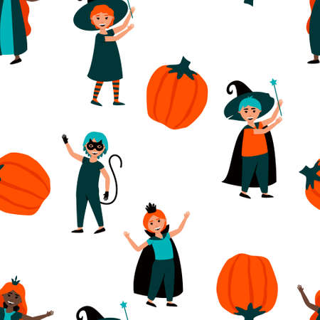 Seamless pattern of boys and girls in Halloween costumes. Cute kids carnival Halloween costumes of cat, sorcerer, vampire, pumpkin. Fabric design for Happy Halloween. Flat vector illustration.のイラスト素材