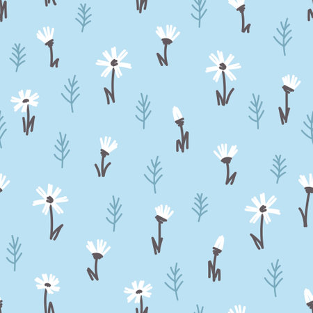 White flowers small seamless pattern on a blue background. Floral seamless pattern for womens fabrics. Flat vector illustration.のイラスト素材