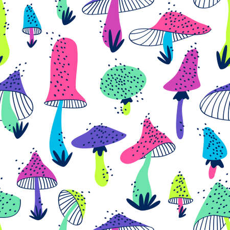 Pattern with stylized mushrooms of various shapes. Seamless pattern from bright neon mushrooms on a white background. Design for baby fabric. Flat vector illustration.のイラスト素材
