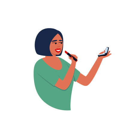 Woman paints her lips, looking in a small pocket mirror. Illustration on isolated background. The woman admires herself in the mirror. Flat vector illustration.のイラスト素材