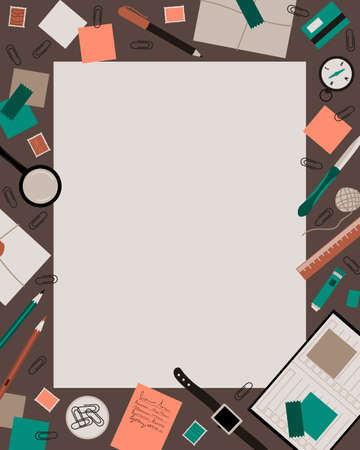 The lining, frame of the male desktop. Letters, diary, office, compass, wrist watch are scattered on the table. Design for detective stories. Flat vector illustration.のイラスト素材