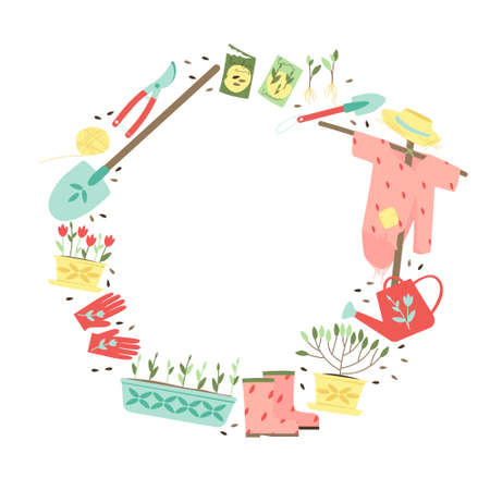 Lining with garden tools in a circular composition on a white background. Garden tools, shovels, gloves, watering can, plants, seeds, pots, pruners, pitchfork, scarecrow. Flat vector illustration.のイラスト素材
