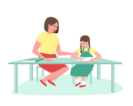 A little girl learns to read under the supervision of her mother. Individual reading lesson. Lesson in kindergarten. Flat vector illustration.のイラスト素材