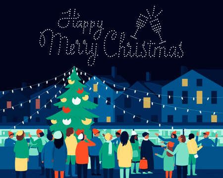 People at the Christmas market watch a drone show in the night sky. Merry Christmas greetings from the drone show. Bright Christmas card. Flat vector illustration.のイラスト素材