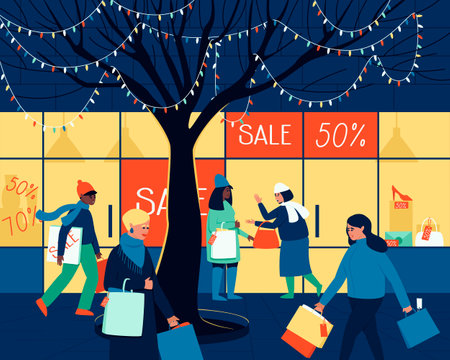During the winter sale, people are in a hurry to buy goods at discounts. Men and women walk down the street with shopping bags. The shopping street is full of people. Flat vector illustration.のイラスト素材
