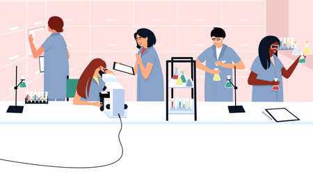 Students or scientists work in a laboratory with a microscope and test tubes. International students engage in scientific experiments in chemistry and biology. Flat vector illustration.のイラスト素材