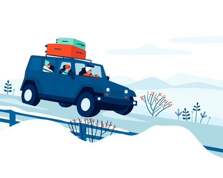 The family drives a car in winter on vacation. The car drives along the highway. Mom, dad, and son are driving in the car. Winter travel. Individual rest. Flat vector illustration.のイラスト素材