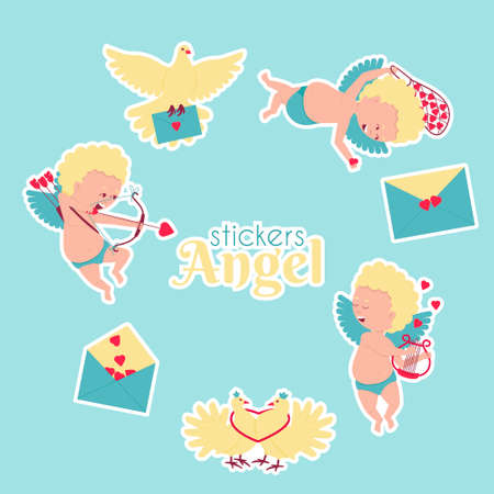 Set of stickers of cupids, doves, and love letters. Cupids play romantic music on lyre strings, string bows to evoke love. Valentine's Day. Flat vector illustration.のイラスト素材