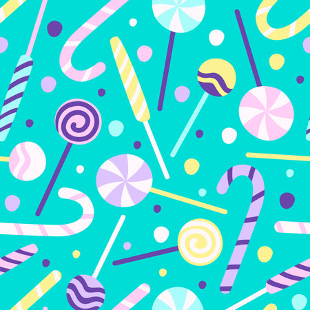 Seamless pattern of multicolored caramel on a stick. Various forms of caramel are scattered over the background. Flat vector illustration.のイラスト素材