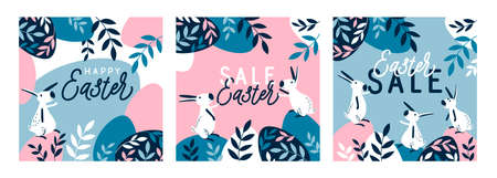 Easter set of greeting cards, banners with eggs, and bunnies. Trendy design with typography, floral motifs, eggs, and bunnies. Easter sale. Flat vector illustrationのイラスト素材