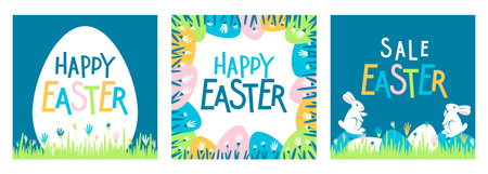 Easter set of greeting cards and sale banners. Fashionable design with lettering, floral motifs,...