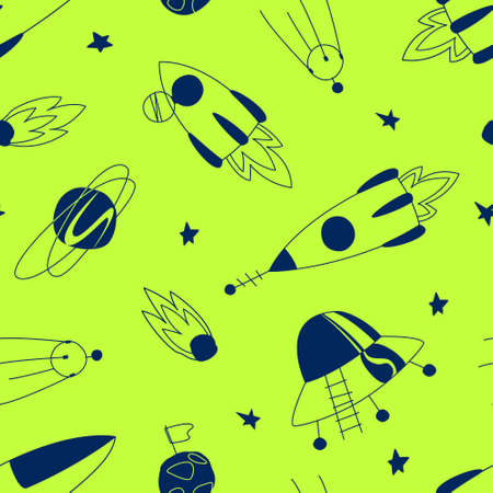 Seamless neon background with stars, planets, meteorites, and rockets. A simple background with a space pattern is made with a line and a spot. Design of children's goods. Flat vector illustration.のイラスト素材