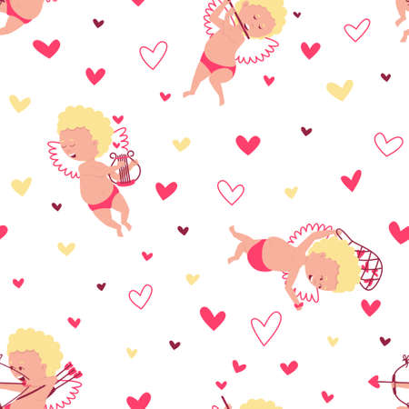 Seamless pattern of cupids and hearts. Cupids fly, play romantic music on the strings of the lyre. Cupid fires a crossbow to evoke love. Pattern for valentine's day. Flat vector illustration.のイラスト素材