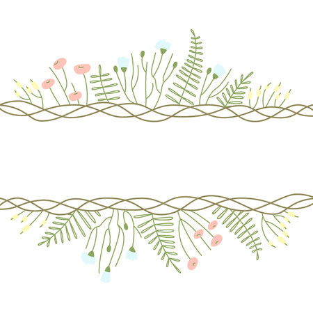Design for spring floral card on white background. Delicate spring flowers and rough weaving of twigs for postcard decoration. Spring and summer seasons. Flat vector illustration.のイラスト素材
