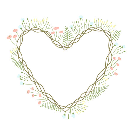 Heart-shaped spring floral card design. Delicate spring flowers and coarse weaving of twigs to decorate the postcard. Spring and summer seasons. Flat vector illustration.のイラスト素材