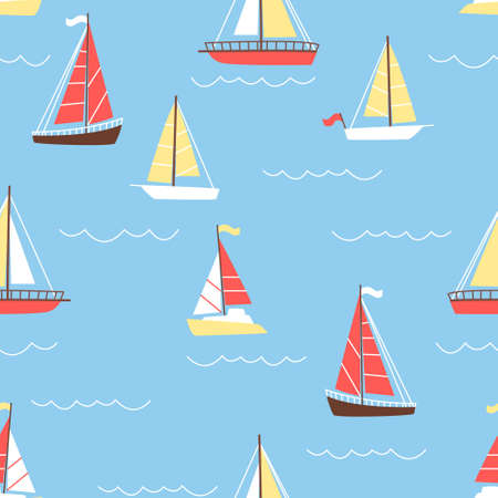Seamless pattern of multicolored sailboats. Fabric design for children's clothing. Summer vacation at sea. Flat vector illustration.のイラスト素材