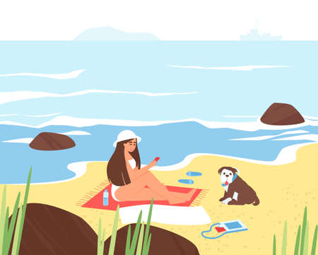 A girl on the seashore is resting with her dog English Bulldog. A girl looks into her phone on the beach in seclusion. Summer time of the year. Flat vector illustration.のイラスト素材
