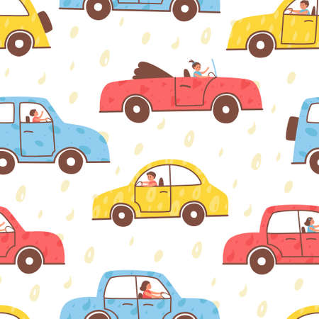Children ride on funny cars. Seamless pattern with funny cars. Pattern for the design of children's products. Flat vector illustration.のイラスト素材
