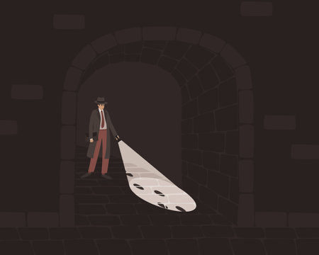 A detective with a flashlight in the arch of the house. Searching for footprints in the dark. The concept of crime investigation. Dark background. Flat vector illustration.のイラスト素材