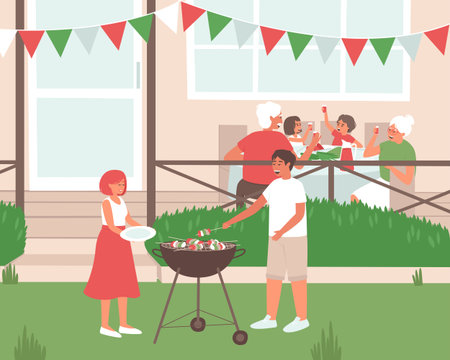 Dad cooks barbecue food for the family. Grandfather and grandmother came to visit the children in the summer. Recreation in nature near the house. Flat vector illustration.のイラスト素材